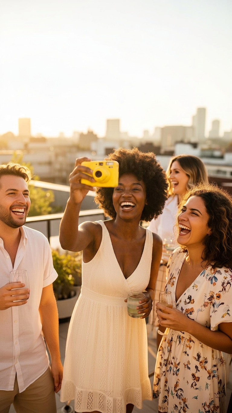 Friends laughing at a rooftop party, one holding a yellow disposable camera