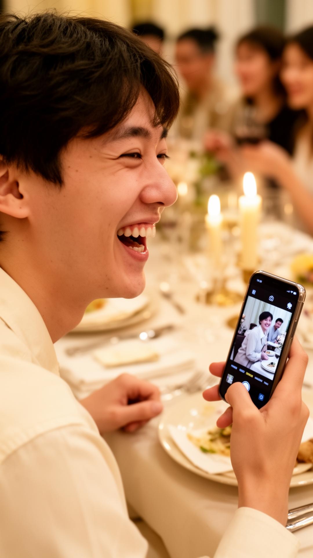 Friend laughing at a candle-lit dinner while holding a phone camera